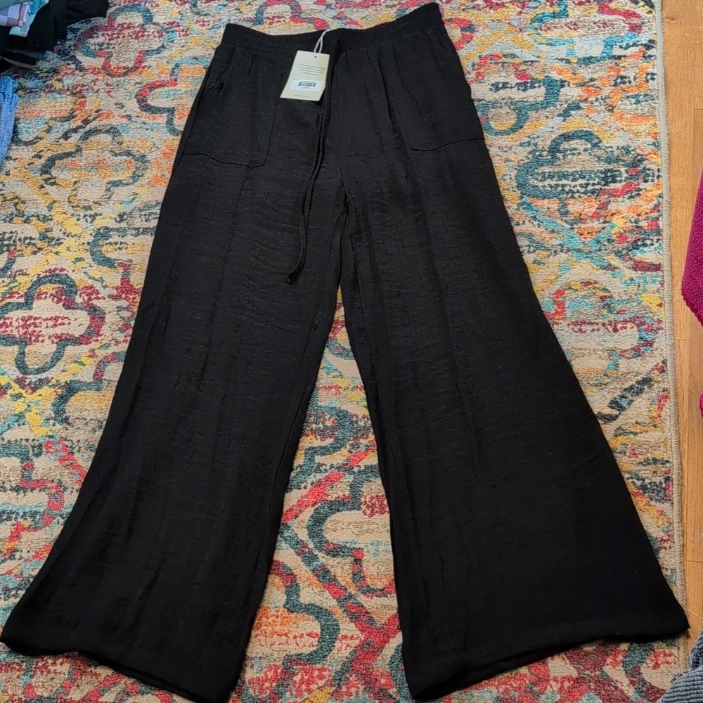 Bohme Blue Pepper Black Crepe  Wide Leg Pants Large NWT